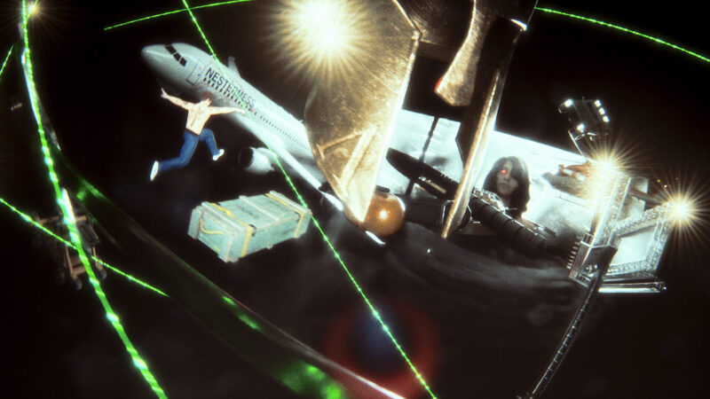 АНГЕЛОК — Surreal aircraft scene with wings, figures and bright lights